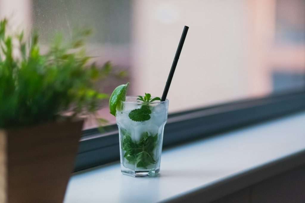 clear glass cup with liquid and green-leaf near new windowsill